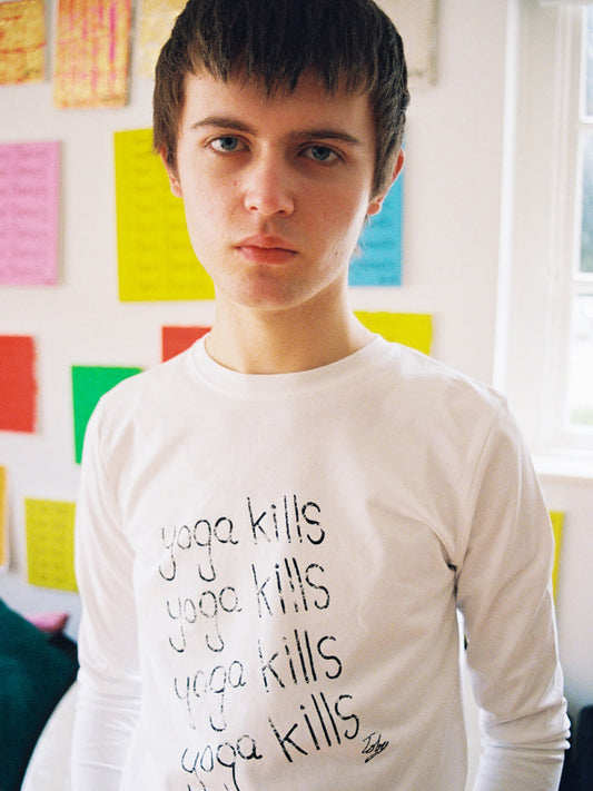 YOGA KILLS – WHITE LONG SLEEVED FITTED T-SHIRT